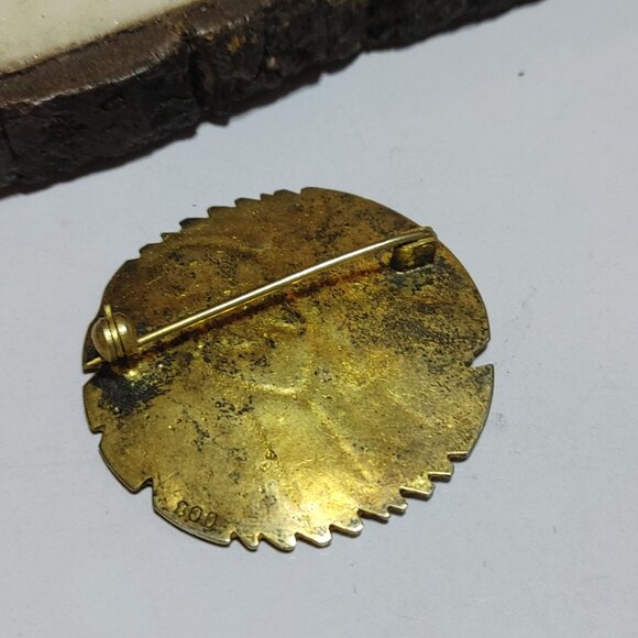 Vermeil Gold over 800 Silver Egyptian Revival Peacock Vintage Brass Pin Brooch - Picture 6 of 8